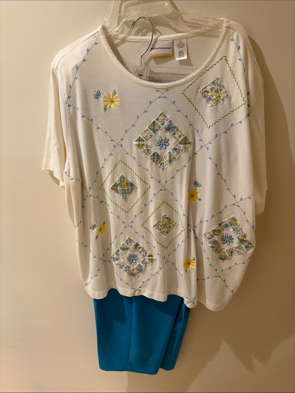 Alfred Dunner Cream Short-Sleeve Top with Blue and Yellow Embroidery